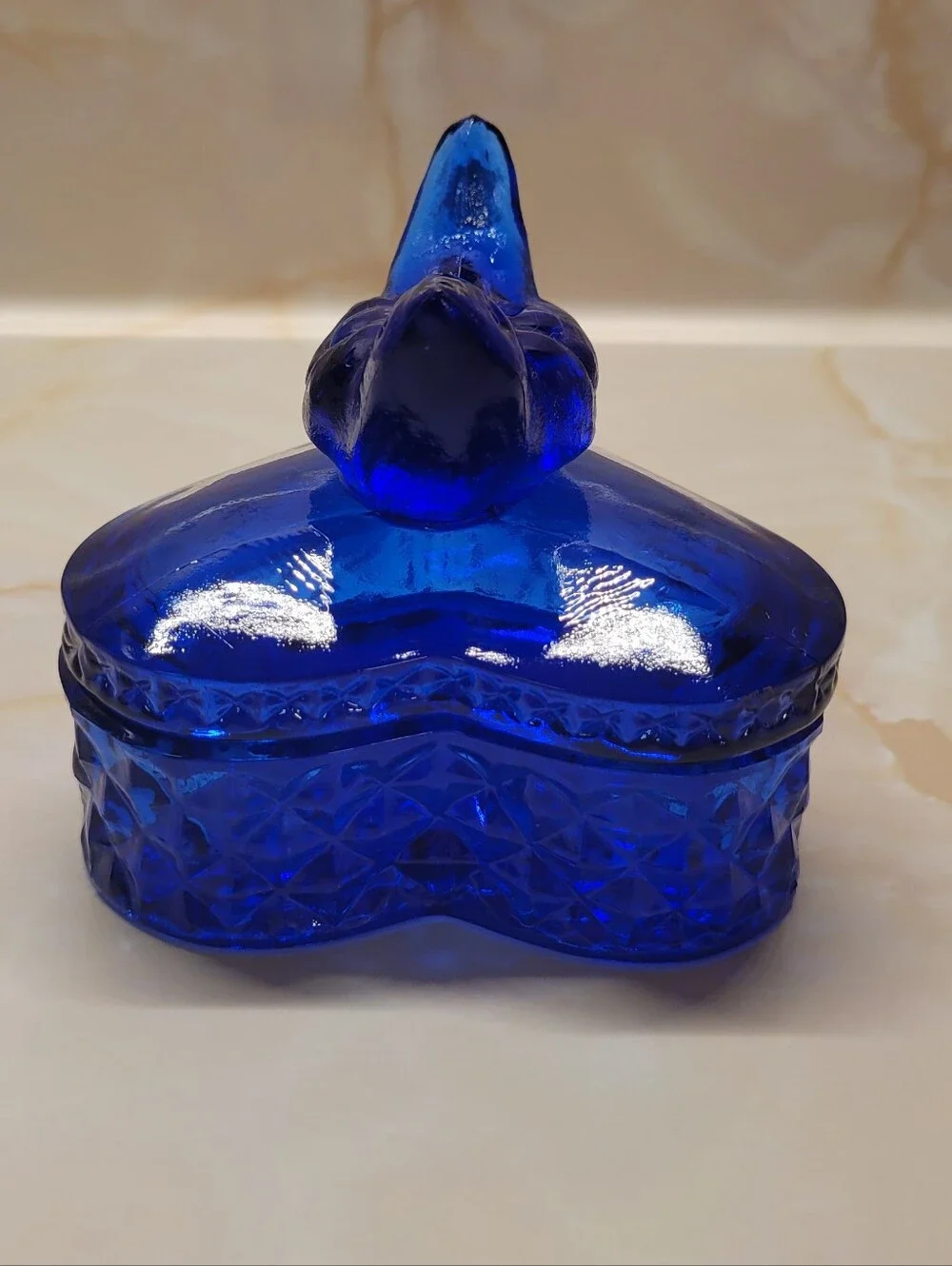 Vintage Cobalt Blue Glass Bird Trinket Box